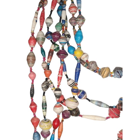 64" African Rolled Recycle Paper Bead Necklace Multicolor Uganda Handmade BoHo - Picture 3 of 4